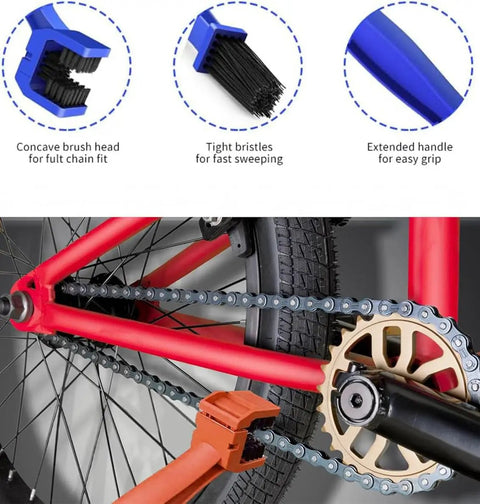 Five Piece Bike And Motorcycle Chain Cleaning Kit with sprocket scraper, sprocket brush, three chain cleaning brushes shown on bike