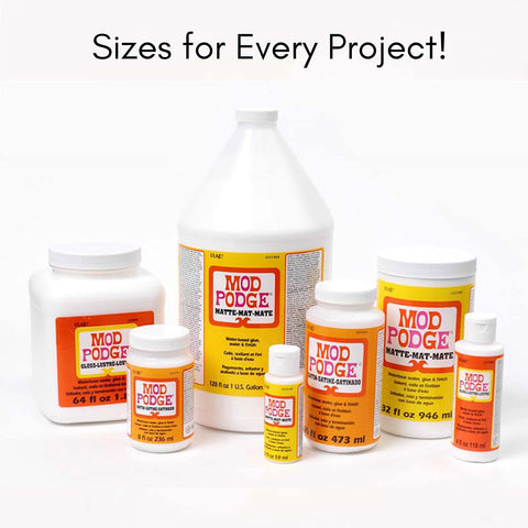 Various sizes of glue sealer bottles, focus on All In One Glue Sealer Finish Clear Gloss For Wood Paper Fabric And More, 32 oz bottle.