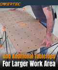 Foldable 24 X 48 Inch Workbench Tabletop With Carrying Bag Portable Woodworking Work Surface With Pre Drilled Dog Holes And Quick Insert Locks For Collapsible Workstand shown in use with stand.