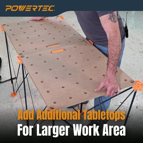 Foldable 24 X 48 Inch Workbench Tabletop With Carrying Bag Portable Woodworking Work Surface With Pre Drilled Dog Holes And Quick Insert Locks For Collapsible Workstand shown in use with stand.