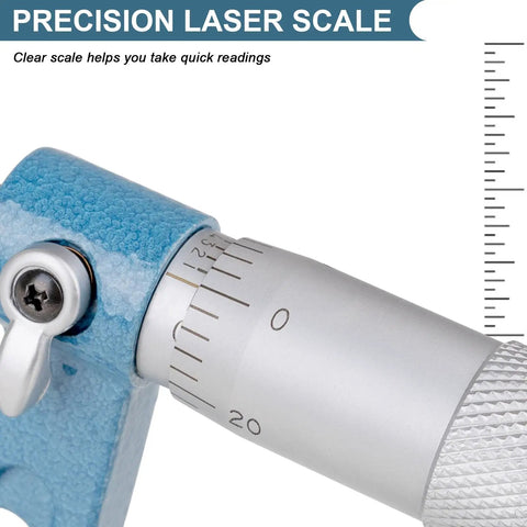 Close-up of Four Piece Outside Micrometer Set For Machinists Ultra High Precision 0.0001 Inch Graduation with laser scale detail