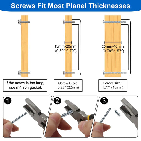 Instructional diagram showing screw sizes for Brushed Brass Cabinet Handles 4 Pack Gold Drawer Pulls, with installation steps using pliers.