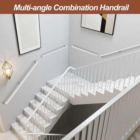 Six Foot White Square Tube Handrail With Super Grip Joints For Indoor Stairs And Wall Mounted Rails Featuring Heavy Duty Steel Build And Quick Diy Setup For Total Home Safety Plus Slick Clean Finish That Slides In Snug in a modern staircase.