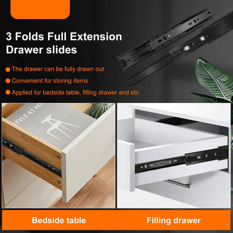 16 Inch Full Extension Drawer Slides Set, 4 Pairs (8 Pieces), Three Fold Side Mount Cabinet Glides, Black Beefy 100 Lb Capacity, Ideal For Dresser, Cabinet, Kitchen, Trash Can, Wardrobe installed on a bedside table drawer
