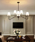 Awesome 39 Inch Matte Black Six Light Kitchen Island Chandelier With Fabric Shade That Brings Soft Warm Glow And Modern Style