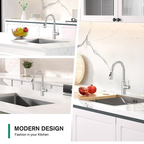 Brushed Nickel Kitchen Faucet With Pull Down Sprayer, Small High Arc, RV Ready, Stainless Steel Single Handle Pull Down Faucet, 3 Function Nozzle With Flow, Spray, Blade, 20 Inch Flexible Hose, Easy Clean, Durable Go To Kitchen Sink Tap