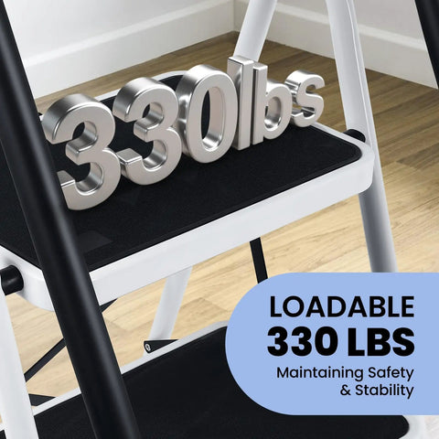 Ultra Handy 3 Step Folding Ladder With Handrails Wide Anti Slip Pedals Steel Portable Stool For Home Garage Office Library Space Saving Easy Open Fold Up Lightweight And Durable, loadable 330 lbs