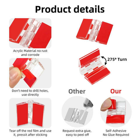 12 Pieces Self Adhesive Clear Acrylic Hinges Set For Glass Cabinets Displays And Craft Projects, 275 Degree Rotation