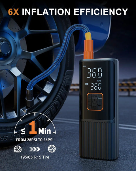 No Fuss Portable Tire Inflator, 180 PSI Rapid Output Air Compressor with digital display inflating 195/65 R15 tire.