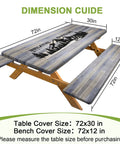 Picnic Table Cover With Bench Covers Built In Storage Bag No Mess Spill Proof Waterproof Fitted Tablecloth featuring elastic edges and mountain design on picnic table and benches.