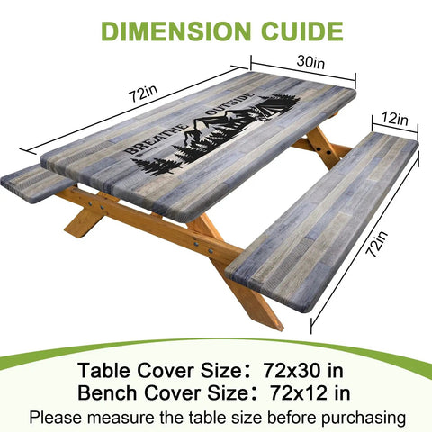 Picnic Table Cover With Bench Covers Built In Storage Bag No Mess Spill Proof Waterproof Fitted Tablecloth featuring elastic edges and mountain design on picnic table and benches.