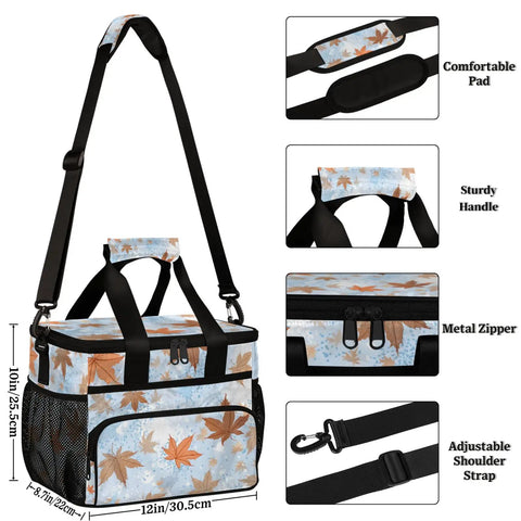 Insulated Picnic Backpack With Lunch Box for Women and Men, 12x8.7x10in, leaf pattern, adjustable strap, sturdy handle, metal zipper