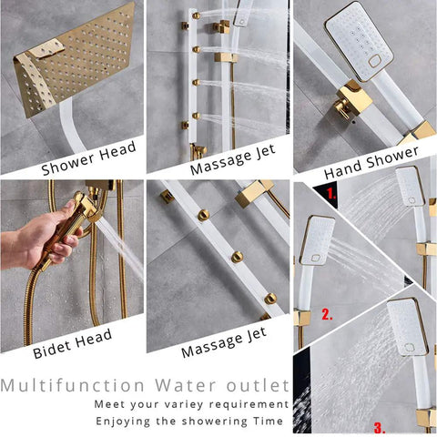 UMJIGF Luxury Shower System with Hot and Cold Water Shower Combo Set Multifunction 4 Handle Shower Faucet Set showcasing shower head, hand shower, and massage jets.