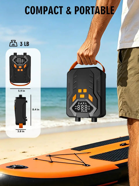 Person holding Electric Paddle Board Pump With Dual Stage Inflation 20 PSI High Pressure Rechargeable SUP Pump near the beach.