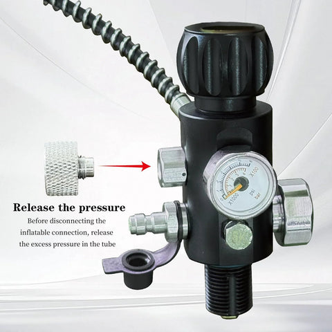 Front view of M18x1.5 paintball fill-station valve with 20-inch high-pressure hose and gauge