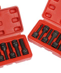 Two red cases of Three Eighths Inch Drive Hex Allen Impact Socket Set Pro Grade For Air Tools Heavy Duty CrMo Steel Includes SAE From Three Sixteenths To One Half And Metric From Four To Six Millimeters With Two And A Half Inch Length Free Extra Set, open with sockets visible inside.