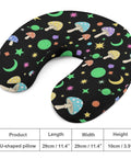 Travel Neck Pillow For Adults, U Shaped Memory Foam Support, neon mushrooms design, shown in size 29cm x 29cm x 10cm