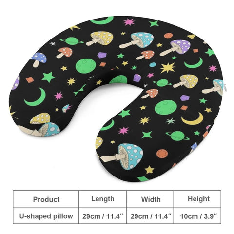 Travel Neck Pillow For Adults, U Shaped Memory Foam Support, neon mushrooms design, shown in size 29cm x 29cm x 10cm