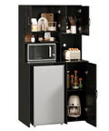 Black All In One Mini Fridge Cabinet With Storage And Coffee Bar Station, Outlets And Microwave Shelf, Wine And Beverage Stand