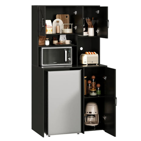 Black All In One Mini Fridge Cabinet With Storage And Coffee Bar Station, Outlets And Microwave Shelf, Wine And Beverage Stand
