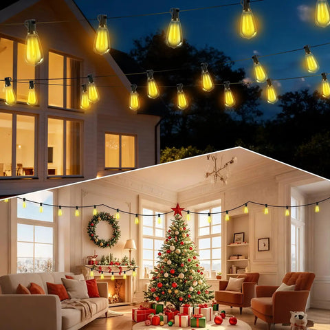 Outdoor Solar String Lights 50 Feet ST38 Shatterproof Bulbs Copper Wire Waterproof Patio Garden Lighting USB Charging Remote Control With 3 Modes Dimmable Solar Light No Outlet Needed For Camping Backyard And Patio Ambiance illuminating a festive outdoor and indoor setting with a Christmas tree and decorations.