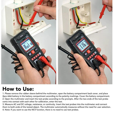 Hands using 4000 Count Digital Multimeter With Backlit Display Auto Range Handheld Tester For AC And DC Voltage Measurement