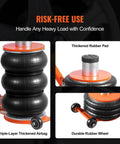 Close-up of Beefy Five Ton Pneumatic Air Jack with thickened rubber pad, durable wheels, and triple-layer airbag