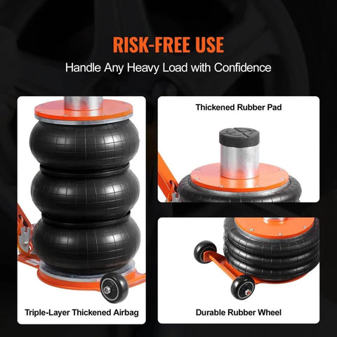 Close-up of Beefy Five Ton Pneumatic Air Jack with thickened rubber pad, durable wheels, and triple-layer airbag
