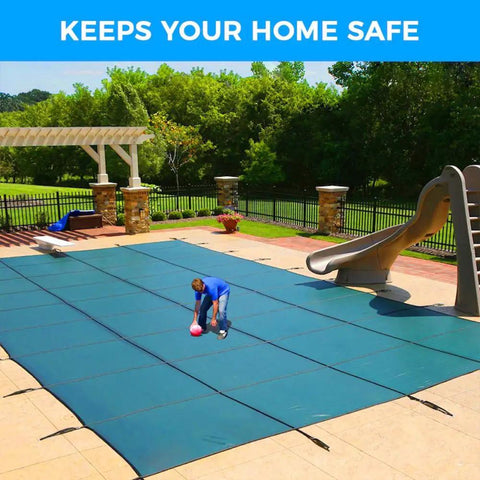 Brass Pool Cover Anchors 10 Pack For Concrete Inground Pools Universal Fit mounted on safety cover in backyard.