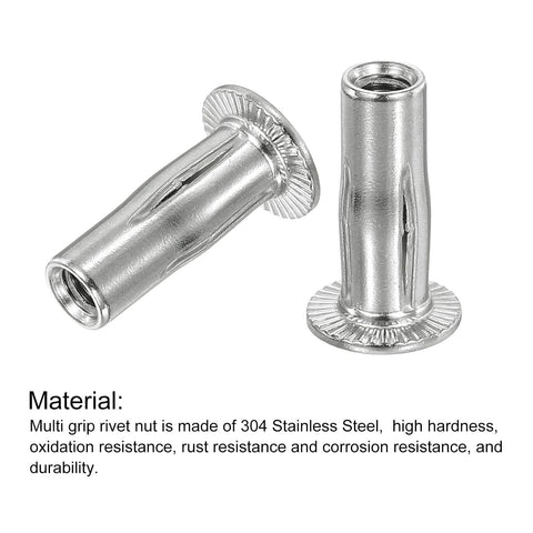 M6 Multi Grip Rivet Nuts 10 Pack With Nuts Included Pro Grade Built Tough Pre Bulbed Shank Flat Head Threaded Insert Nut 304