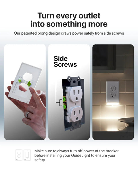 GuideLight Duplex Outlet Night Light With LED Sensor No Brainer Snap On Wall Plate Replacement, side screw installation