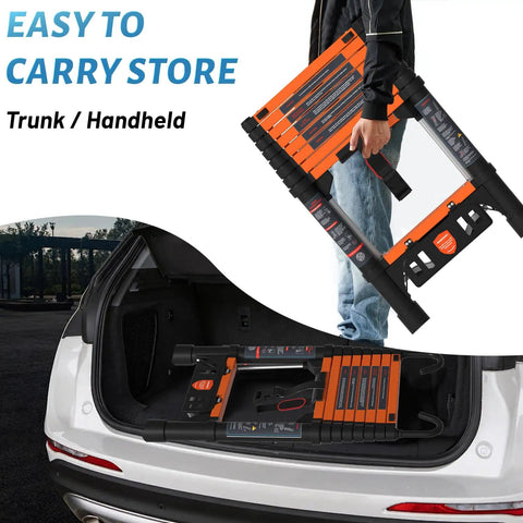 Telescoping Ladder Eight And A Half Foot Extension Ladder With Easy Fold One Step Collapsible Design For RV Home And Outdoor Use Aluminum Build Lightweight Yet Sturdy Supports Up To 330 Lbs., folded in trunk