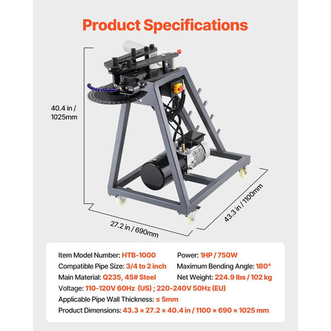Commercial Grade Portable Electric Pipe Bender Powered By A Snappy 750W Motor and Three Heavy Duty Dies with specifications.