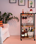 Top Shelf 3 Tier Rolling Bar Cart With Secure Wine Rack And Hassle Free Lockable Wheels, Rustic Brown Utility Drink Serving Shelf for home use with liquor bottles.