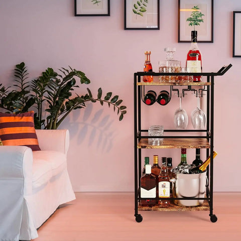 Top Shelf 3 Tier Rolling Bar Cart With Secure Wine Rack And Hassle Free Lockable Wheels, Rustic Brown Utility Drink Serving Shelf for home use with liquor bottles.