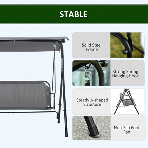 Three Person Outdoor Porch Swing With Stand And Tilt Canopy, Steel Frame, Showing Stability Features Like A-Frame And Non-Slip Pad