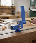 Get The Miter Track Stop Bracket For 30 Deg T-Slot Aluminum Red that slides smoothly into your table saw rails, shown in use.