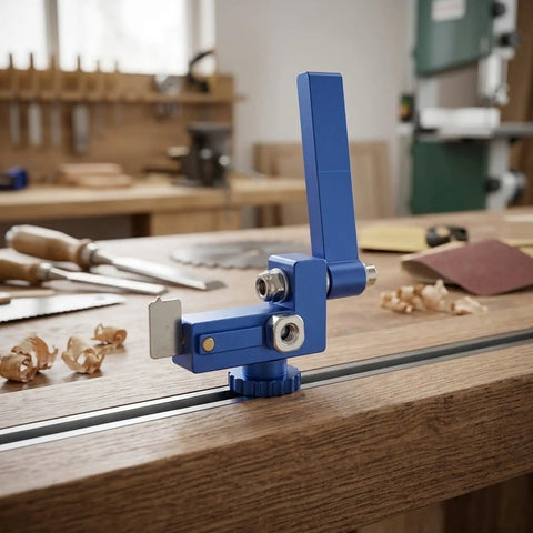 Get The Miter Track Stop Bracket For 30 Deg T-Slot Aluminum Red that slides smoothly into your table saw rails, shown in use.