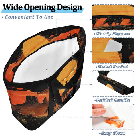 Reusable Western Desert Cowboy Style Insulated Cooler Bag with leak-proof compartment, showing wide opening and sturdy zippers