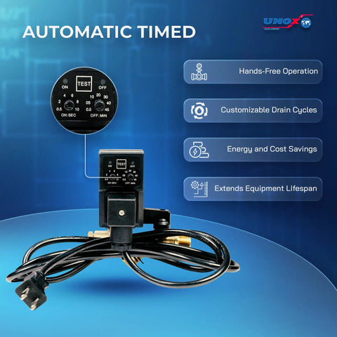 Automatic Timed Tank Drain Valve For Air Compressor Half Inch To Quarter Inch NPT 110 To 120 Volt AC with plug and timer features.
