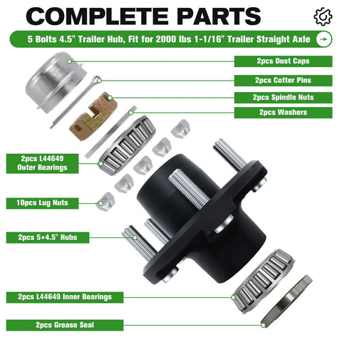 Exploded view of Trailer Hub Kit For 5 On 4.5 Inch Axles, 2000 Pound Capacity with pre-greased bearings and components