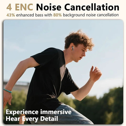 Man running outdoors wearing Dope Wireless Earbuds With Bluetooth 5.4 And ENC Noise Cancelling Mics For Android And iOS.
