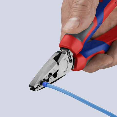 Handy Comfort Grip Crimping Pliers For Wire Ferrules 5 To 23 AWG 0.25 To 16 Mm2 DIN 46228 Parts 1 And 4 in use with blue wire