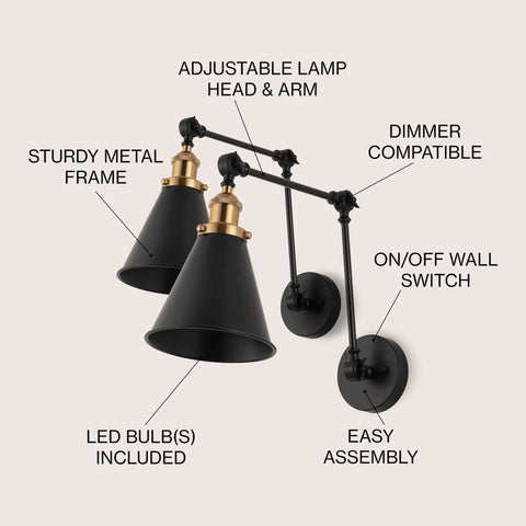 Industrial Style LED Wall Sconce With Adjustable Swing Arm Black And Brass Gold Metal Shade Bedside Reading Light