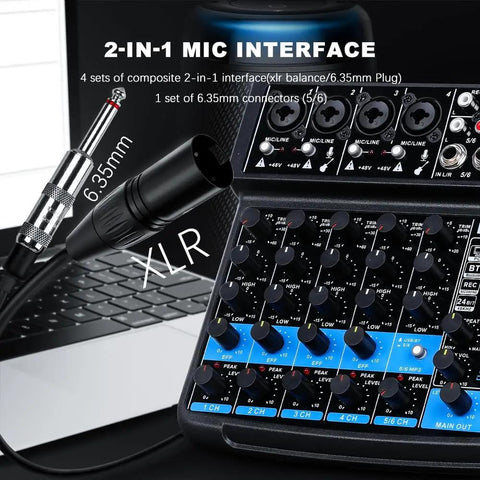 Close-up of Six Channel Mini DJ Audio Mixer with USB interface, Bluetooth, and 99 DSP effects, showing XLR and 6.35mm inputs.