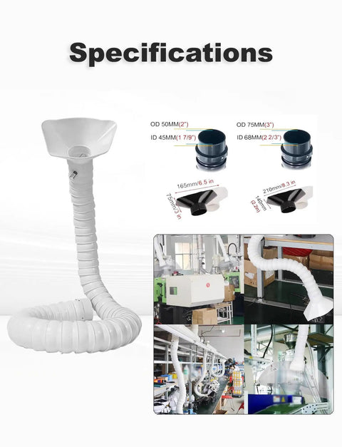 Heavy Duty Flexible Fume Extraction Arm With Articulated Exhaust Hose And Bombproof Smoke Exhaust Pipe for Workshop Air Filtration, showcasing specifications and installation.