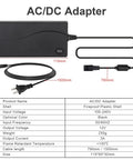 Wireless Remote Linear Actuator Controller Kit For 12V DC Motors AC/DC Adapter with measurements and specifications chart.