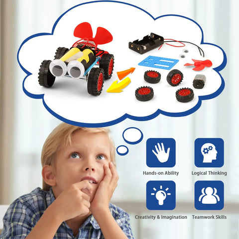 Wind Powered Car STEM Kit 5 Pack For Kids Kid Friendly Hands On Science Toys With Complete Accessories Clear Instructions And Screwdriver, assembled car and parts