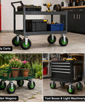 10 Inch Heavy Duty Pneumatic Casters Set Of 4 With Silky Smooth Air Rubber Tires For Industrial Utility Use and Heavy Freight Equipment on a utility cart.