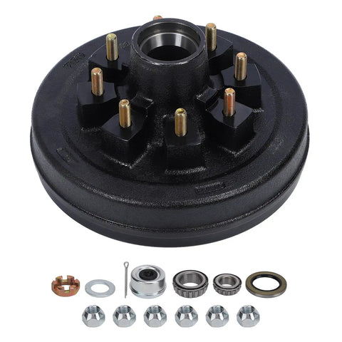 Heavy Duty 6000 Lbs Trailer Brake Drum Kit With 12 Inch Bulletproof Steel Rotors And 6 On 5.5 Bolt Pattern Hub, featuring hub and hardware.